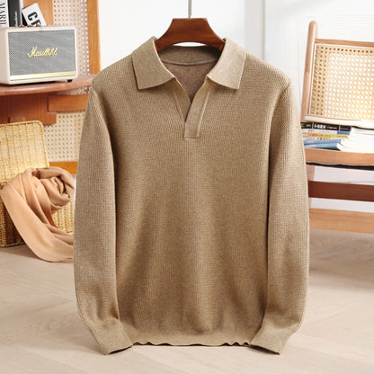 New Men's Shirt Collar Sweater, Business Slim Cashmere Textile Polo Top, Gentleman Thickened Warm and Simple Fashion Pullover