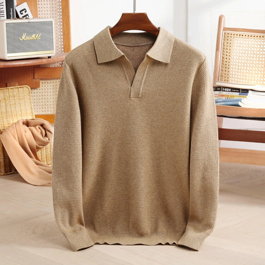 New Men's Shirt Collar Sweater, Business Slim Cashmere Textile Polo Top, Gentleman Thickened Warm and Simple Fashion Pullover