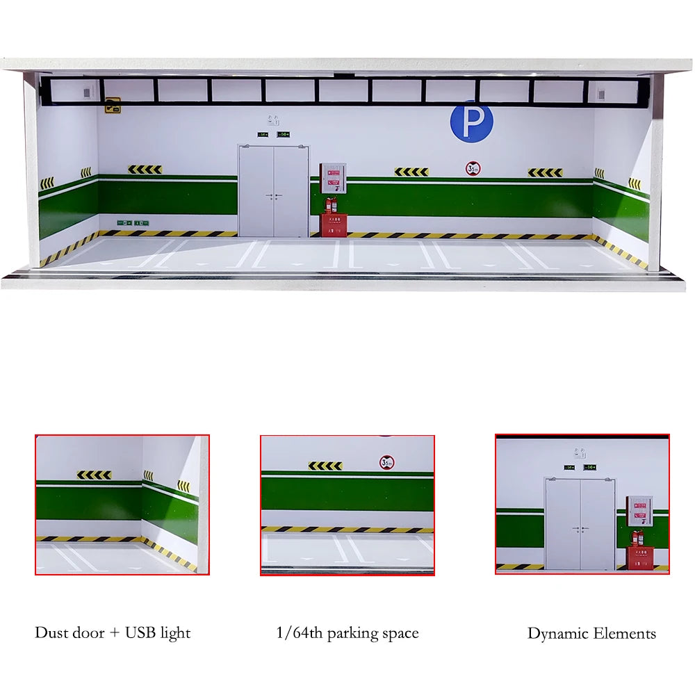 1/64 Scale Diecast Car Garage Diorama Model Miniature Case LED Light Parking Garage Diorama Kit for Collectible Cars Model