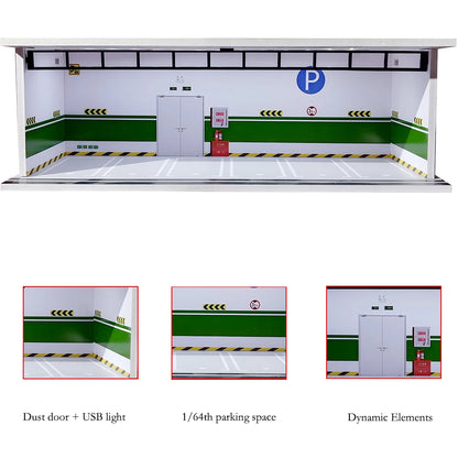 1/64 Scale Diecast Car Garage Diorama Model Miniature Case LED Light Parking Garage Diorama Kit for Collectible Cars Model