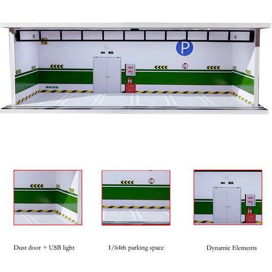1/64 Scale Diecast Car Garage Diorama Model Miniature Case LED Light Parking Garage Diorama Kit for Collectible Cars Model