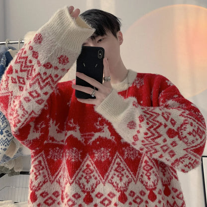 Winter Color blocked Jacquard Christmas Theme Sweater Men's Trendy Brand Loose Warm Hooded Knitted Sweater