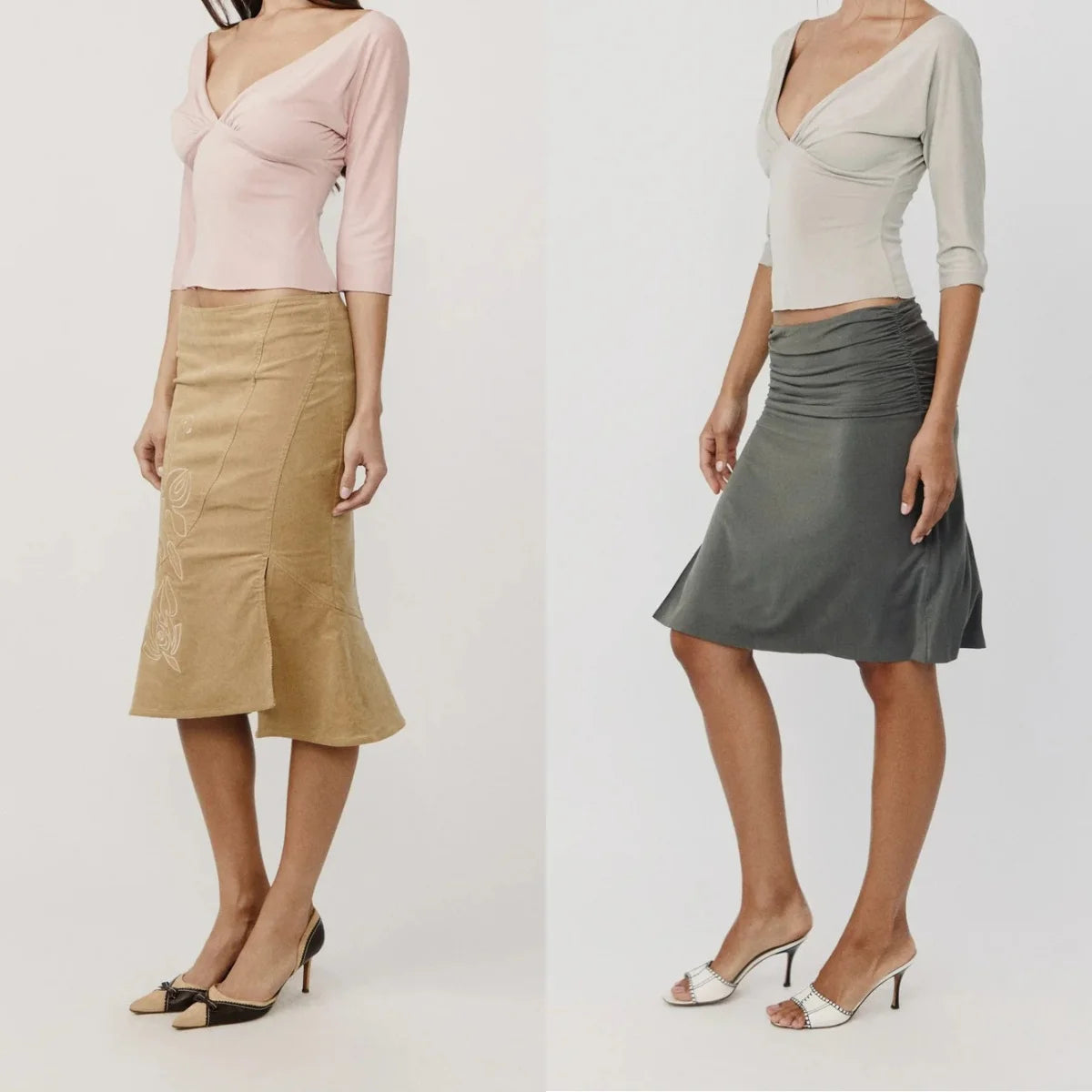 Wj V-Neck Three-Quarter Sleeve Top, Low-Waist Khaki Fishtail Skirt with Embroidery, Irregular Hem Skirt, Green Pleated Low-Waist Slit Skirt, Pleated Neckline Waist-Cinching Short Top