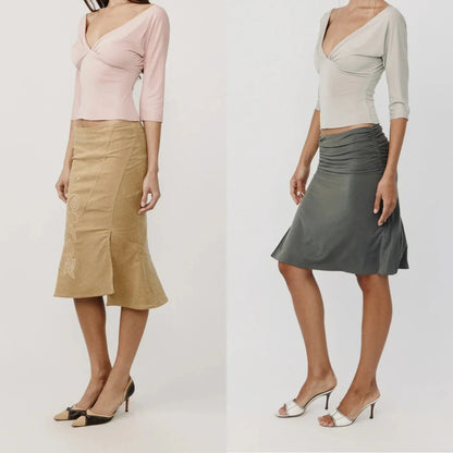 Wj V-Neck Three-Quarter Sleeve Top, Low-Waist Khaki Fishtail Skirt with Embroidery, Irregular Hem Skirt, Green Pleated Low-Waist Slit Skirt, Pleated Neckline Waist-Cinching Short Top