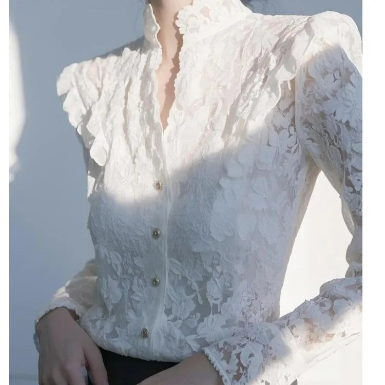 Elegant White Lace Shirt Luxury Feel Spring 2026 New Style Women's Premium Quality Long Sleeve Polyester Fiber Fashionable