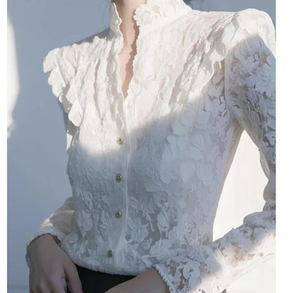 Elegant White Lace Shirt Luxury Feel Spring 2026 New Style Women's Premium Quality Long Sleeve Polyester Fiber Fashionable