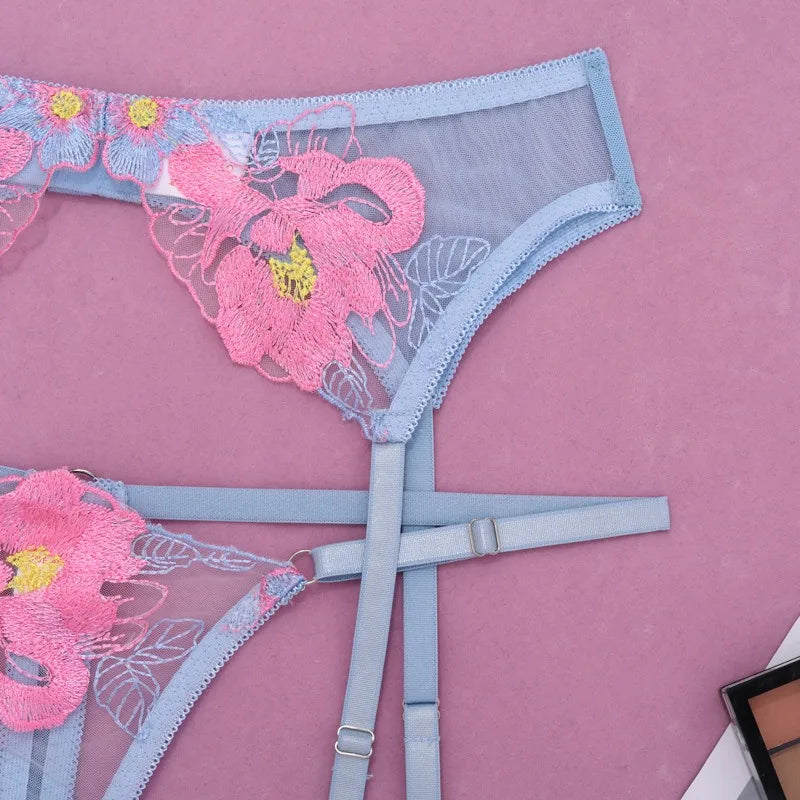 Tornova Sexy Embroidery Lingerie Suit for Women Mesh Patchwork Embroidery Women's Underwear Suit Sexy Garters Mesh Underwear Set