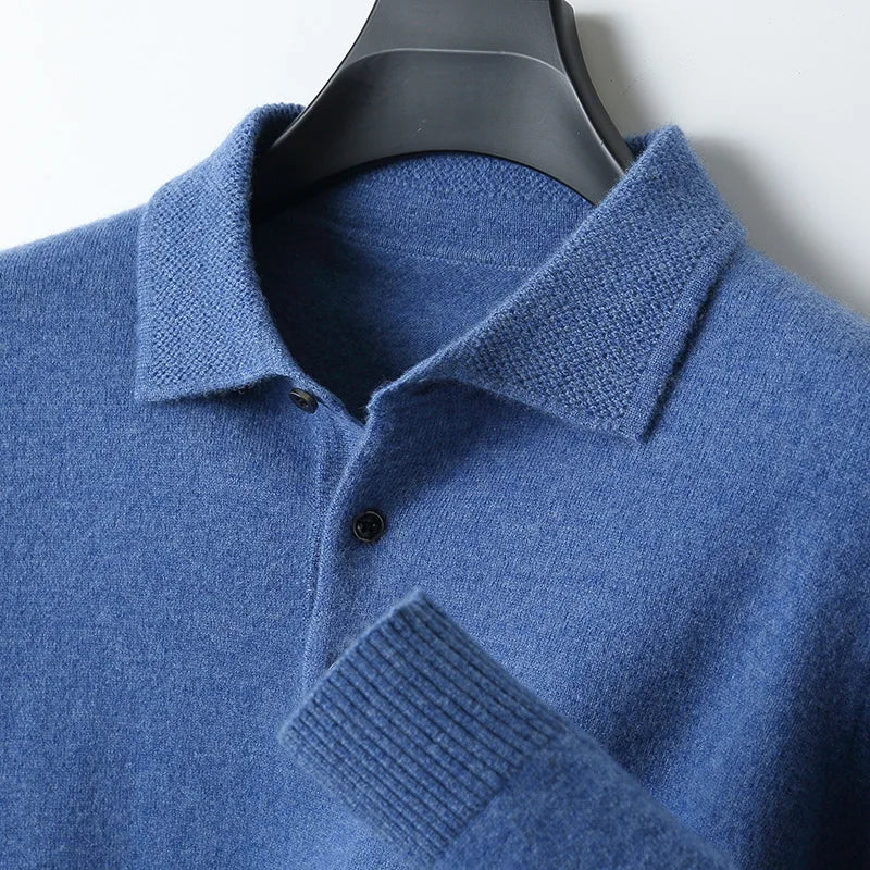 LHZSYY 100%Merino Wool Hot Cardigans Men Lapel Pullover Long Sleeve POLO Neck Sweaters Loose Tops Knit Clothing Large Size Shirt
