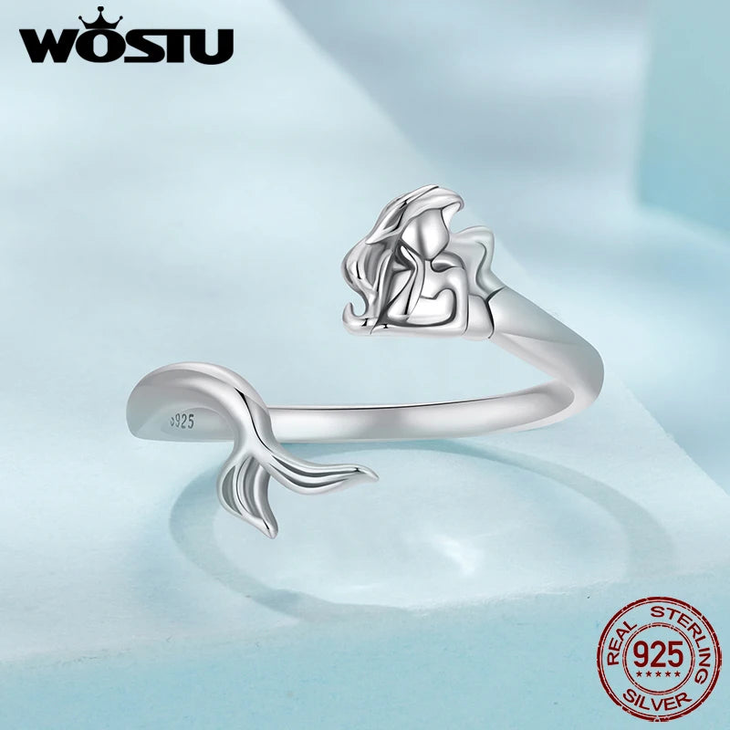 WOSTU 925 Sterling silver Mermaid Opening Ring For Women Ocean Jewelry Holiday Gift Mermaid Tail Adjust Rings Anillo Party Gift
