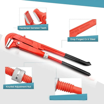 Heavy Duty 90° Adjustable Pipe Wrench 30.99/41.91/52.07cm Alloy Steel, for Automotive/Ship/Household/Mechanical Repair