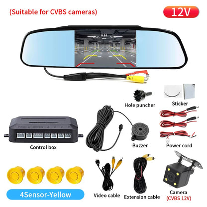 4.3 Inch Car Rearview Mirror Reversing Radar 4 Parking Sensors HD Screen For CVBS Camera Waterproof Parking Assistance System