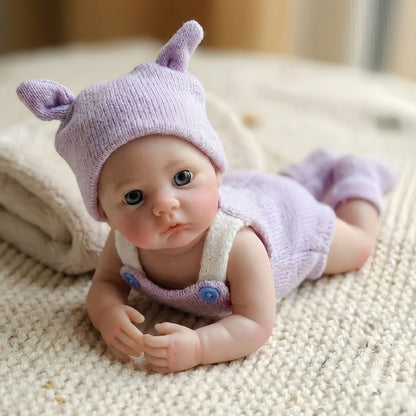 6 Inch/15 cm Mini Silicone Reborn Girl Doll, Washable, Hand Painted Vivid Skin, Purple Outfit, Bebe Reborn De Silicona