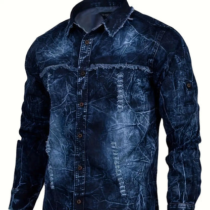 Men's denim shirt for autumn, American retro long-sleeved, washed dark blue, blue denim shirt with double pockets, workwear styl
