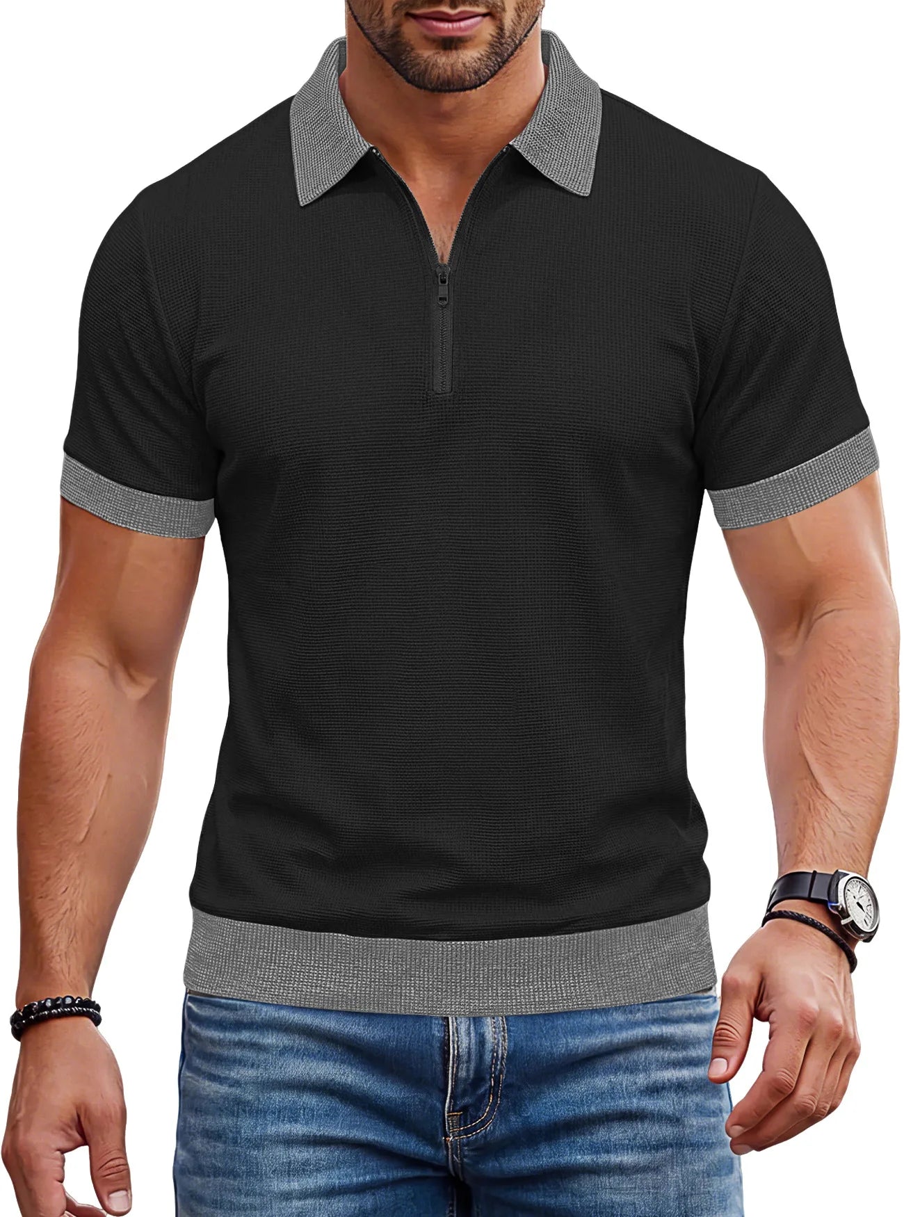 Men's Zip Polo Shirt Short Sleeve Contrast Trim Textured Casual Top 2026
