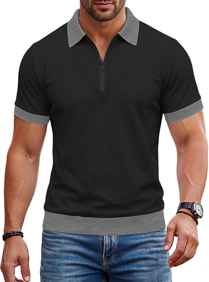 Men's Zip Polo Shirt Short Sleeve Contrast Trim Textured Casual Top 2026