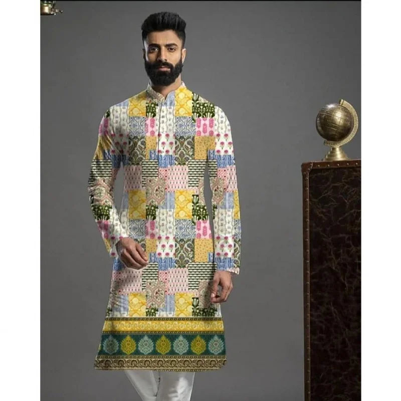 Men Digital Printed Kurta Vardha Regular Fit Mandarin Collar Long Suitable All Occasions Such Wedding Hari Raya Aidilfitri