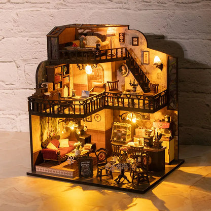 DIY Miniature Dollhouse Kit Vintage Coffee Shop with LED Light Included 3D Wooden Puzzle  Set of Furniture Creative Craft Gifts