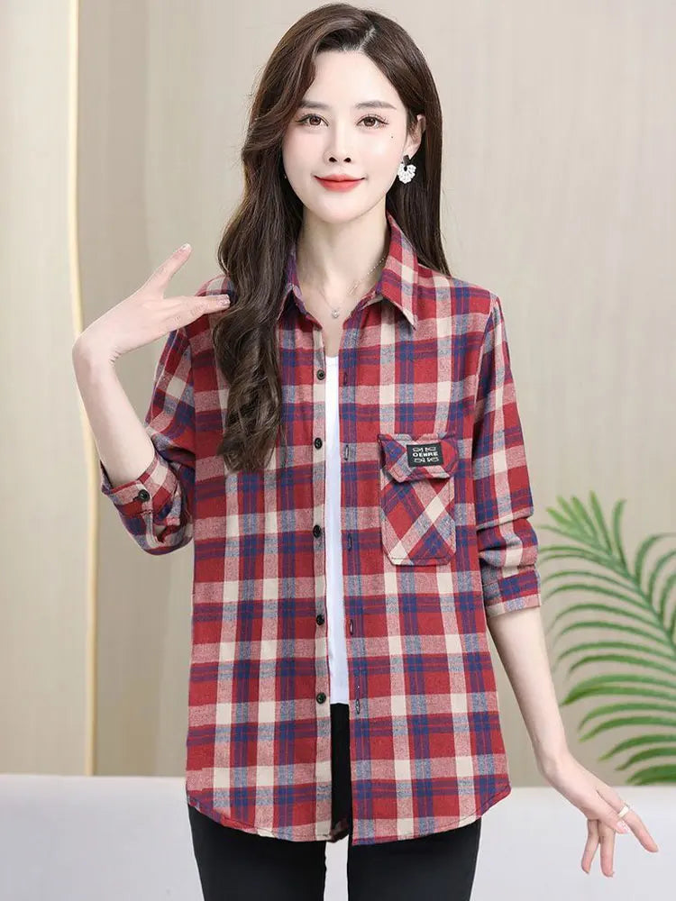 Loose Long Sleeve Mom Shirt Women's New Style Slimming Age-Defying Outerwear Versatile Early Autumn Plaid Outfit  Collar