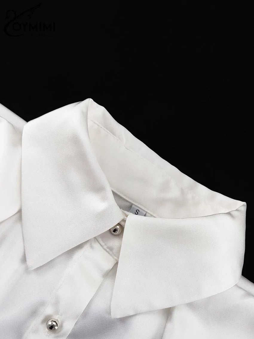 Oymimi Elegant White Patchwork Women's Shirt Fashion Lapel Long Sleeve Shirts Casual Necktie Off The Shoulder Button Blouses