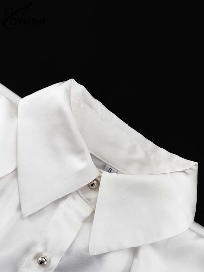 Oymimi Elegant White Patchwork Women's Shirt Fashion Lapel Long Sleeve Shirts Casual Necktie Off The Shoulder Button Blouses