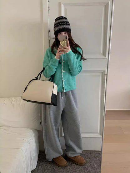 Fleece Lined Wide Leg Pants Korean Style Casual Heart Pocket Sweatpants Loose Thickened Casual Pants for plus Size Women