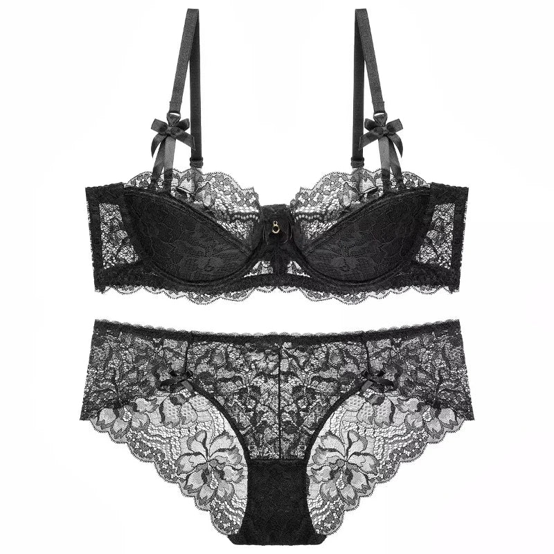 Sexy Lace Half Cup Bra Set Women Soft Underwire Gathered Thin Push Up Lightweight Exquisite Lace Comfort Lingerie Set 4 Colors