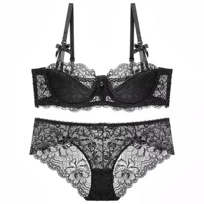 Sexy Lace Half Cup Bra Set Women Soft Underwire Gathered Thin Push Up Lightweight Exquisite Lace Comfort Lingerie Set 4 Colors