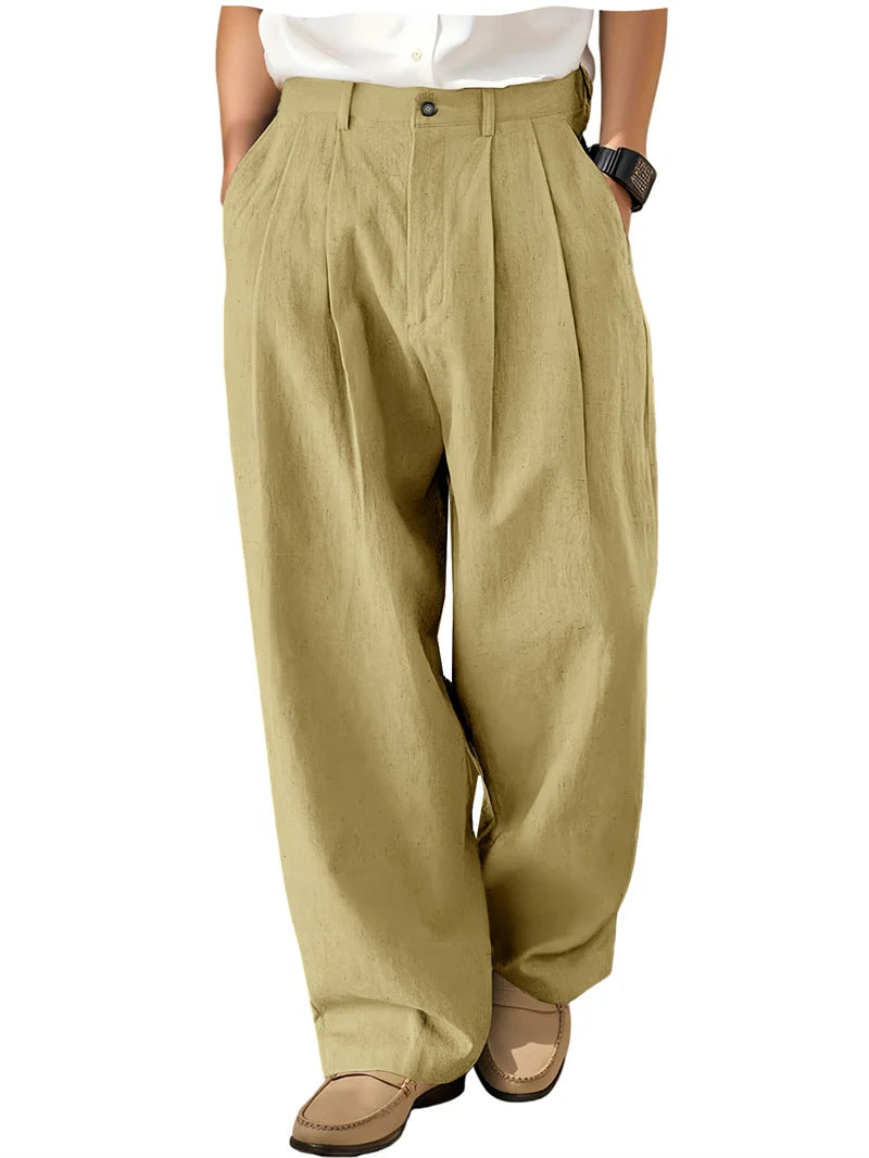 Men's Loose Pleated Wide Leg Pants Breathable Linen Blend Trousers Casual Business Suit Pants Summer Streetwear Daily Wear