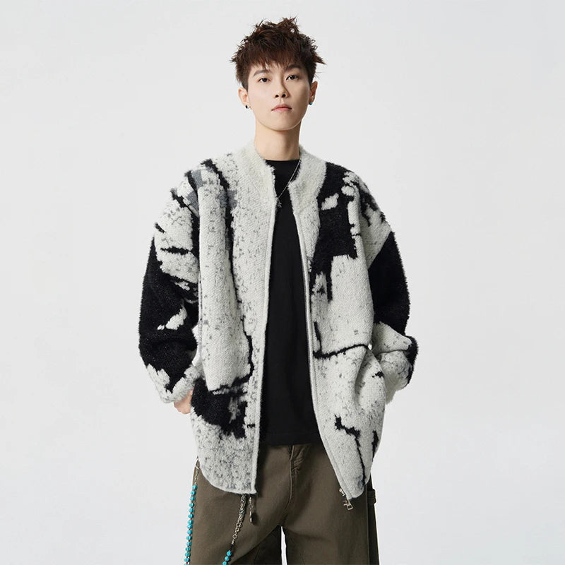 LUZHEN 2025 Winter New Original Color Contrast Ink Printed Knitted Cardigan Men Fashion Round Neck Handsome Male Sweater JY5391