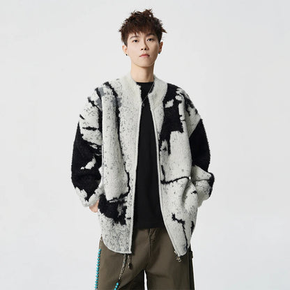 LUZHEN 2025 Winter New Original Color Contrast Ink Printed Knitted Cardigan Men Fashion Round Neck Handsome Male Sweater JY5391