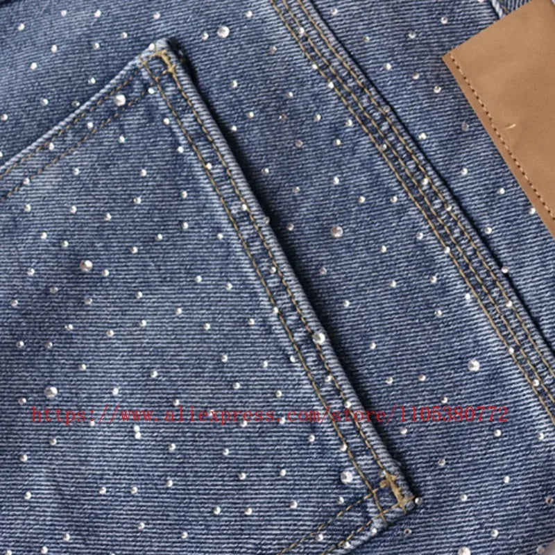 American Fashion Rhinestone-decorated Denim Shorts for Men Y2K Washed Blue Loose Denim Shorts Street Style Summer Casual Shorts