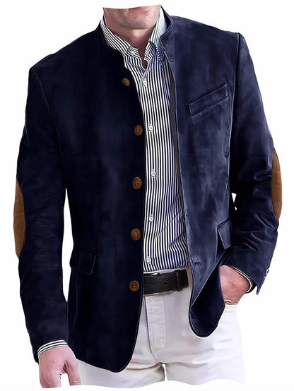 Men's Casual Blazer Flannel Suit Jacket With Elbow Patches Band Collar Brown Button Daily  Casual Slim Fit Customized Business