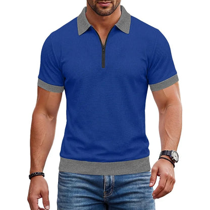 Men's Zip Polo Shirt Short Sleeve Contrast Trim Textured Casual Top 2026