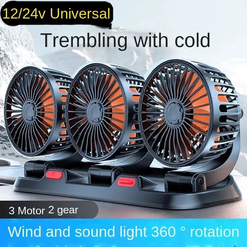 3 Heads Car Fan 360° Adjustable Cooling Fan USB/12V/24V Car Electric Fan 2 Speed Silent Cooler for Dashboard RV Truck SUV