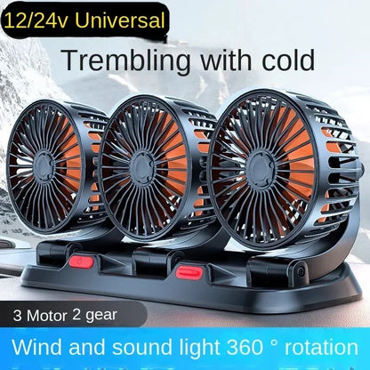 3 Heads Car Fan 360° Adjustable Cooling Fan USB/12V/24V Car Electric Fan 2 Speed Silent Cooler for Dashboard RV Truck SUV
