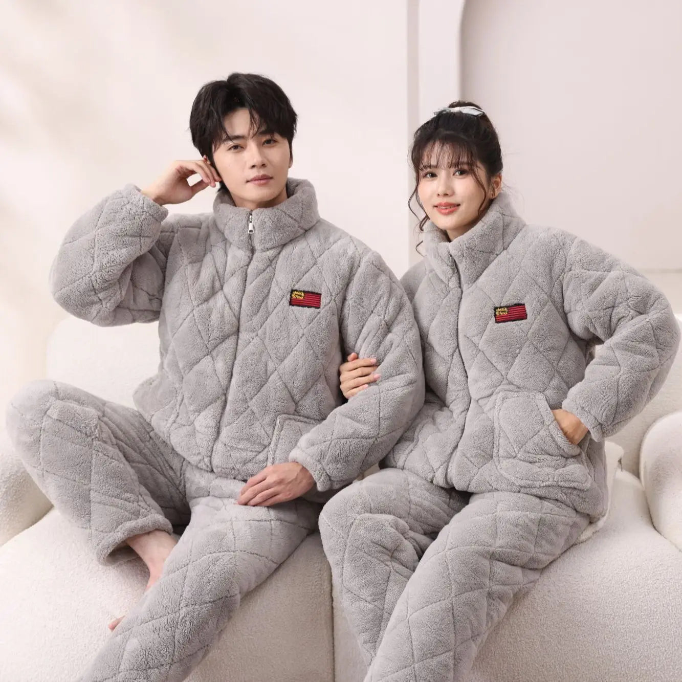 Men's Winter Spwear Thiened Fce Tee-layer Cotton Warm Home Clothes Set Coral Velvet Home Clothes Suitable for Outdo...
