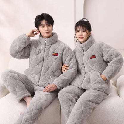 Men's Winter Spwear Thiened Fce Tee-layer Cotton Warm Home Clothes Set Coral Velvet Home Clothes Suitable for Outdo...