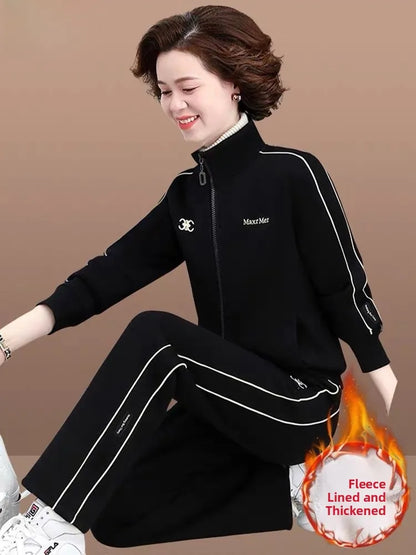 Thickened Fleece Lined Casual Sportswear Set for Middle-Aged Women Autumn Winter Two-Piece Suit Loose Fit Long Pants Zipper C...
