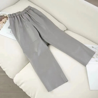 2026 New Streetwear Plus Size Pants Y2k Fashion Genuine Leather Harem Pants Women Real Sheepskin Trousers High Elastic Waist