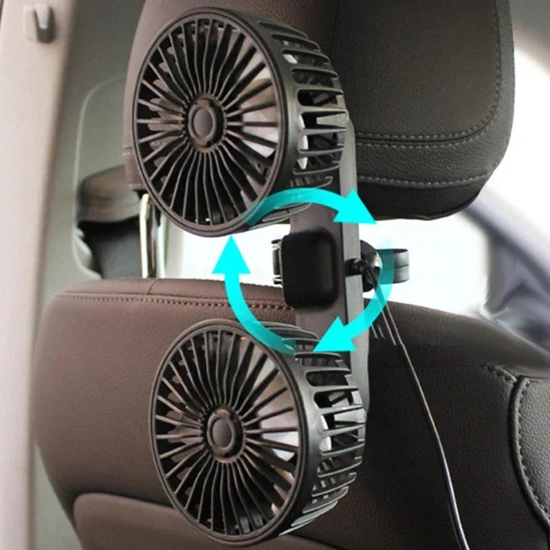 Dual Head USB Car Fan 360° Rotatable Portable Electric Air Conditioner Seat Fan 3 Speed for Home Office Driving