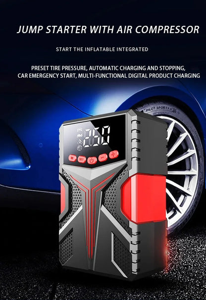Car Jump Starter & Tire Inflator 2-in-1, Heavy Duty Battery Booster with Power Bank for 12V Petrol/Diesel Vehicles