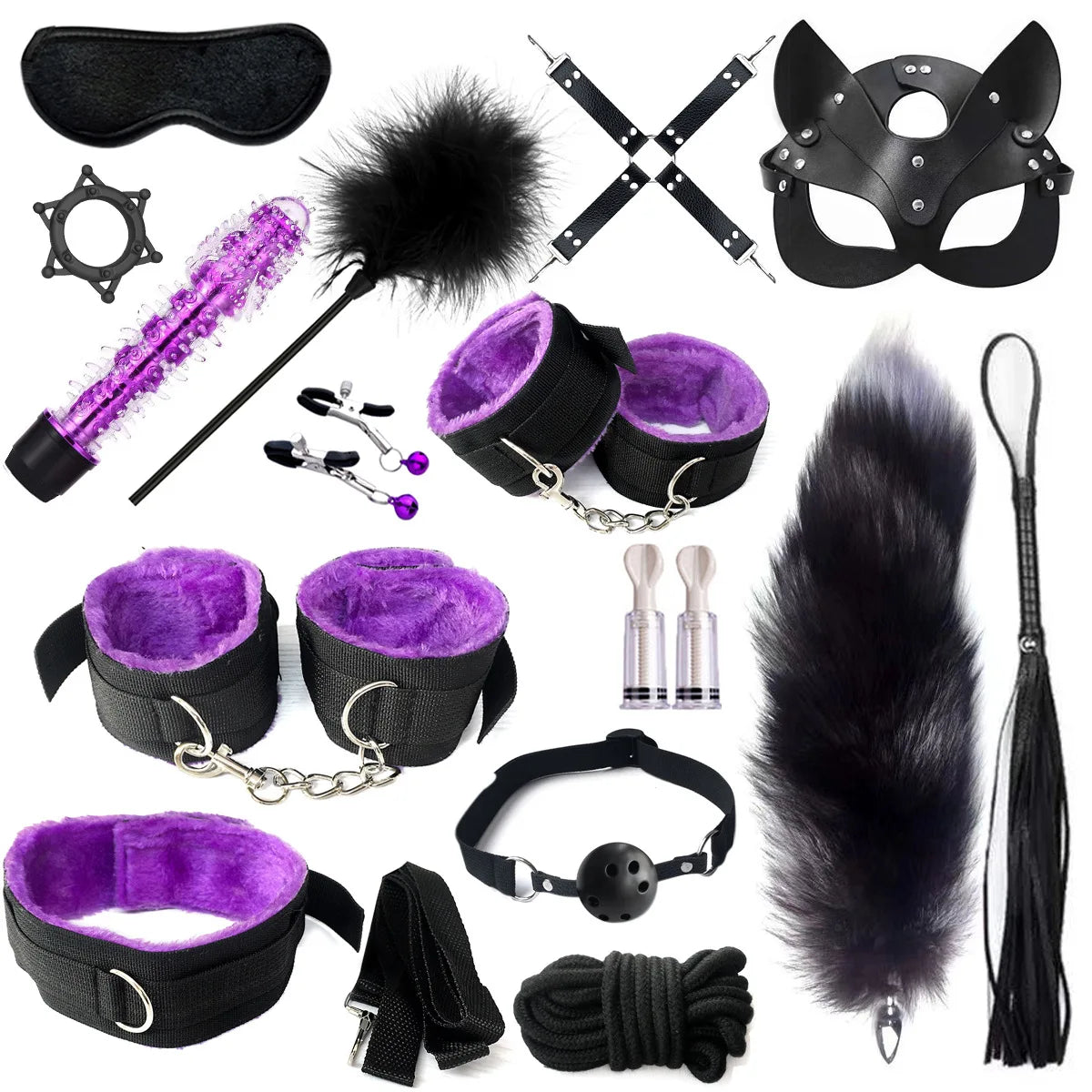 Exotic Sex Toys, Leather Plush sexy Bondage Bundle Set, Gag, Whip, Butt Plug, Sex Toys for Women, Nipple Clips, Erotic Sex Toys