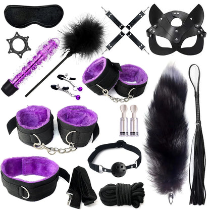 Exotic Sex Toys, Leather Plush sexy Bondage Bundle Set, Gag, Whip, Butt Plug, Sex Toys for Women, Nipple Clips, Erotic Sex Toys