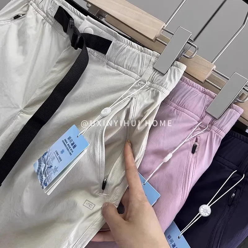 Lightweight Breathable Quick-Dry Paratrooper Pants Women's Casual Loose Fit Sunscreen Waist Cord Trousers Korean Style High W...