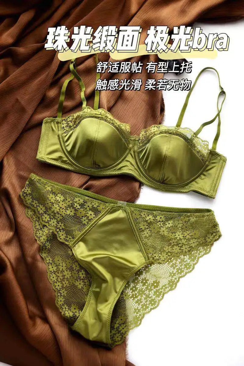 French Half Cup Lace Underwired Bra Set Ladies Thin Push Up Gather Fit No Gap Small Bust Comfortable Sexy Lingerie Two Piece Set