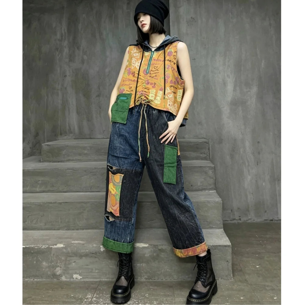 Distressed Color-blocked Denim Patchwork Hooded Vest + Jeans Two-piece Set Women 2026 Summer Stylish Fashion Suit XY324
