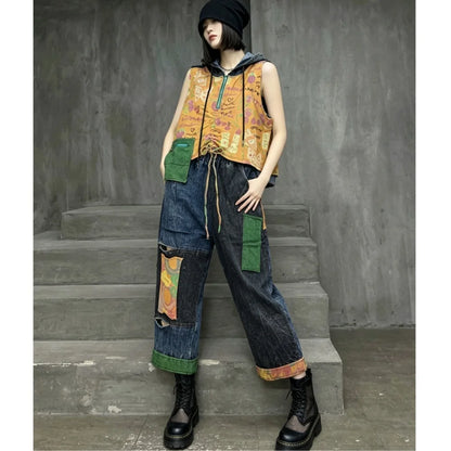 Distressed Color-blocked Denim Patchwork Hooded Vest + Jeans Two-piece Set Women 2026 Summer Stylish Fashion Suit XY324