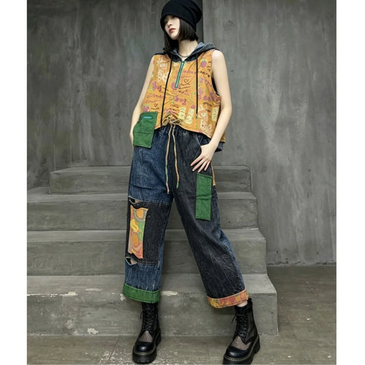 Distressed Color-blocked Denim Patchwork Hooded Vest + Jeans Two-piece Set Women 2026 Summer Stylish Fashion Suit XY324
