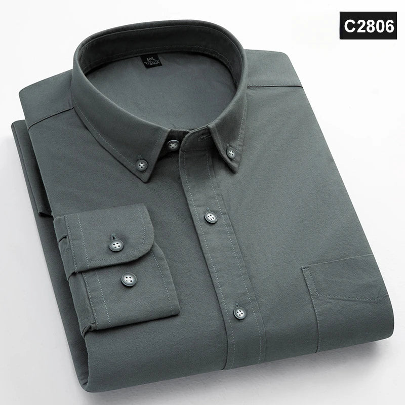 Classic Fit Fashion 100% Cotton Long-Sleeve Shirt for Men Single Pocket Slim Fit Casual Top Soft Oxford Solid Color Office Cloth