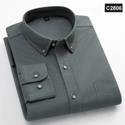 Classic Fit Fashion 100% Cotton Long-Sleeve Shirt for Men Single Pocket Slim Fit Casual Top Soft Oxford Solid Color Office Cloth
